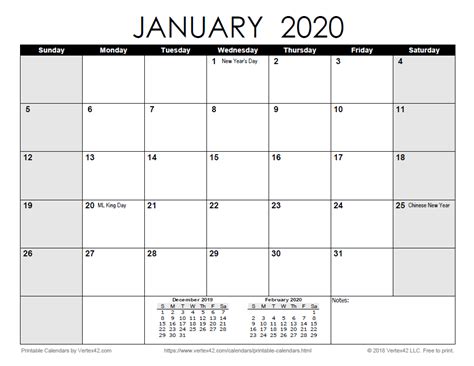 2020 Monthly Calendar Printable Free