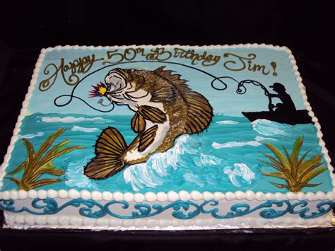 a birthday cake decorated with a fish and fishing scene on it's side that says happy birthday sin