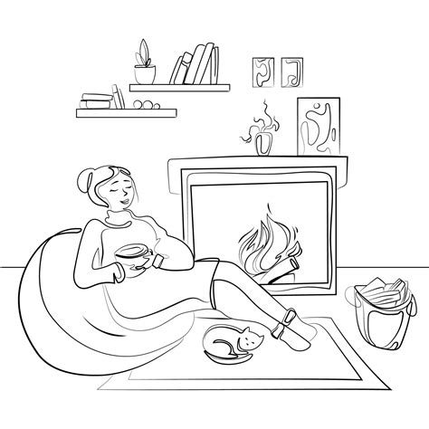 Young woman relaxing near fireplace with a cup of hot drink line art ...