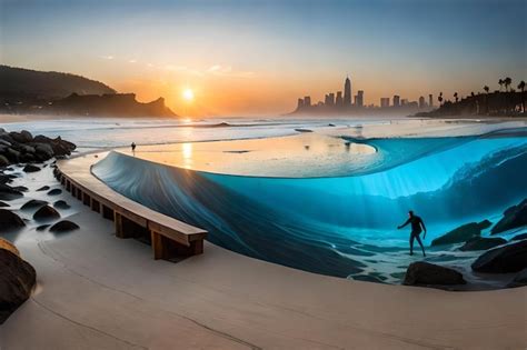 Premium AI Image | A surfer rides a wave at sunset.