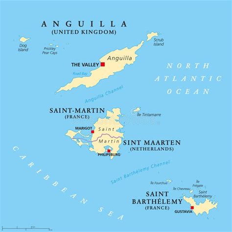 Anguilla, Saint-Martin, Sint Maarten and Saint Barthelemy Map Stock Vector - Illustration of ...