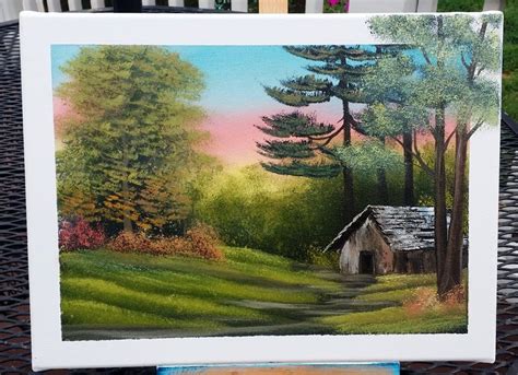 A happy little attempt at Bob Ross cabin. • /r/painting | Oil painting landscape, Landscape ...