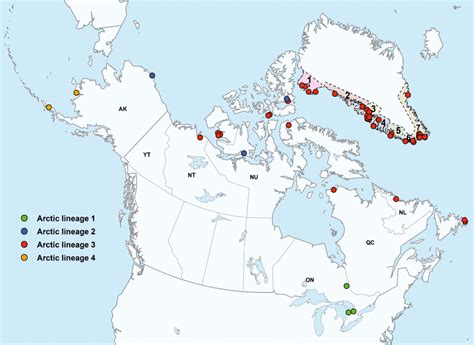 Map illustrating the origin of samples from Greenland, Canada and ...