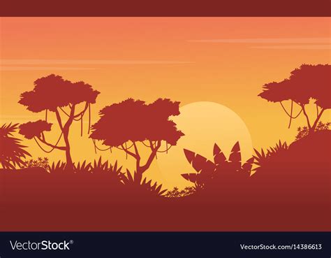 Beauty landscape jungle at sunset silhouette Vector Image