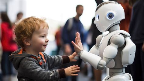 A heartwarming interaction between humans and robots at a bustling technology expo