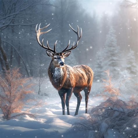 Premium AI Image | a deer is standing in the snow with a forest background.