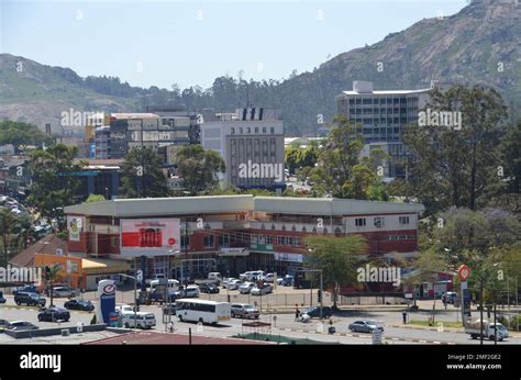 View of the mountain kingdom of Eswatini capital Mbabane with buildings, shopping and ...