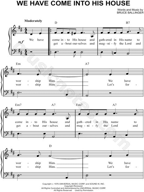 Bruce Ballinger "We Have Come into His House" Sheet Music (Easy Piano) in D Major (transposable ...