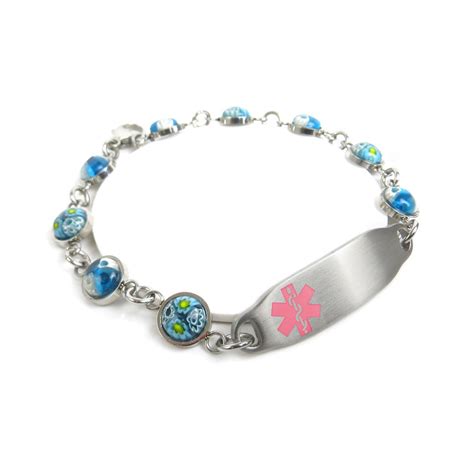 Womens Medical Alert Bracelet Engraved Blue Round Glass Pink