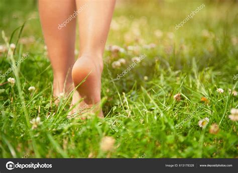 Child Walking Barefoot Green Grass Outdoors Closeup Space Text Stock ...