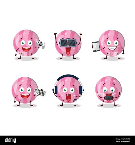 Pink candy cartoon character are playing games with various cute emoticons. Vector illustration ...