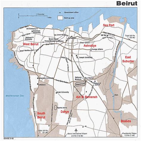 Detailed map of Beirut city - 1990 | Beirut | Lebanon | Asia | Mapsland | Maps of the World