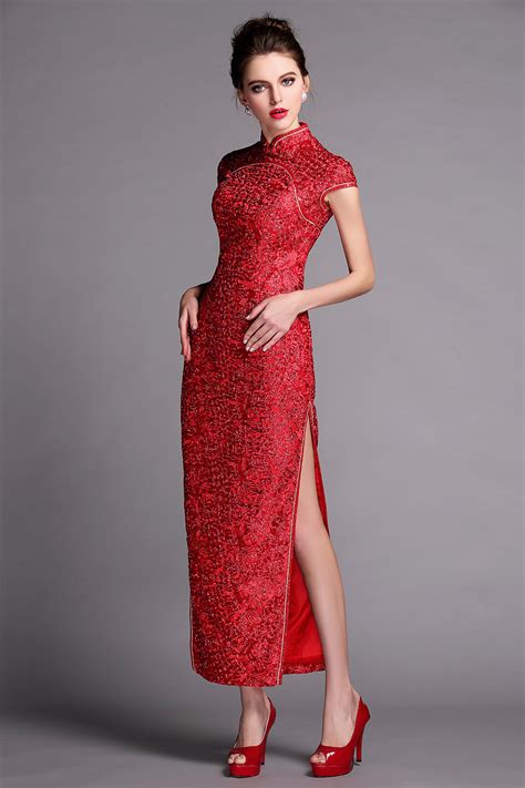 Superb Flower Lace Long Cheongsam Qipao Dress - Claret - Qipao ...