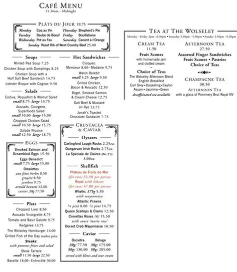 Menu at The Wolseley cafe, London, 160 Piccadilly