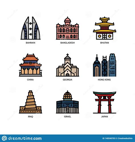 Asian Cities And Counties Landmarks Icons Set Cartoon Vector ...