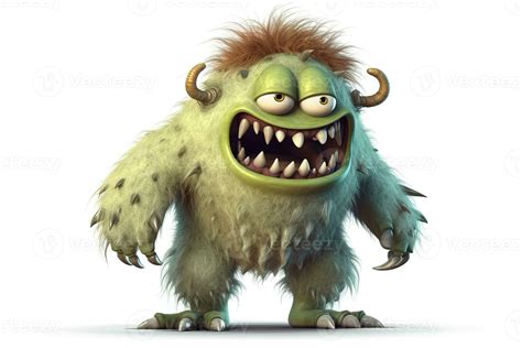 Funny green cartoon monster on white background. Scary creature. Cute Halloween character ...