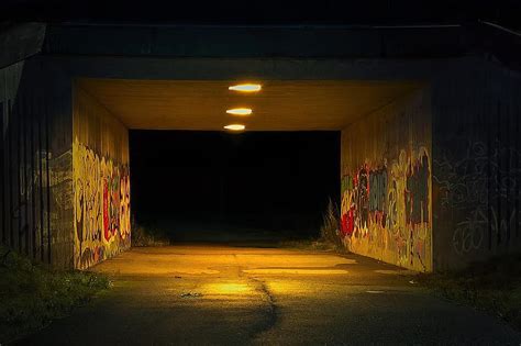 the tunnel, night, grim, scary, graffiti, underpass, dark, lights, art, street art, pedestrian ...