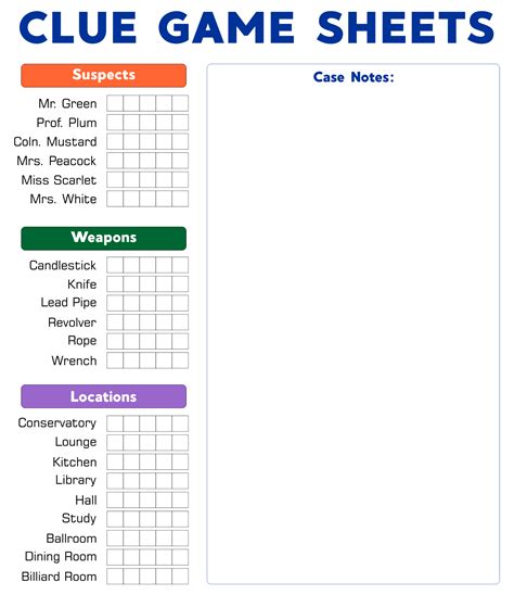 Clue Printable Game Sheets