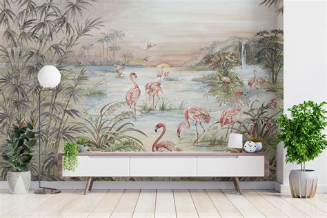 Flamingo Wallpaper Animals Wall Mural Jungle View Nursery | Etsy