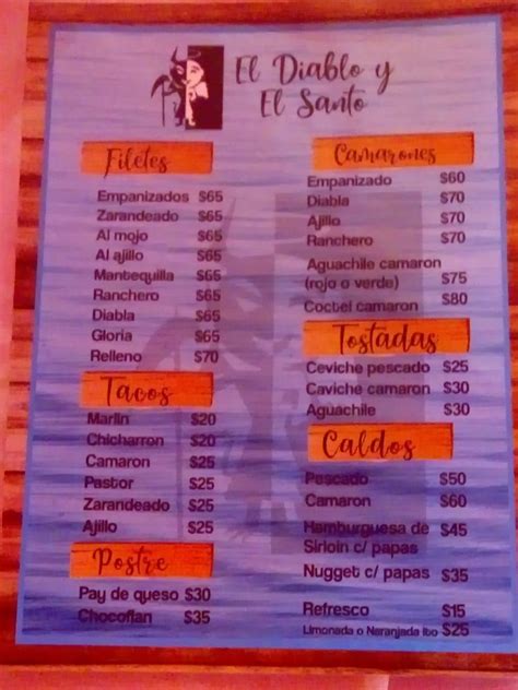 Menu at Mariscos El Diablo Y El Santo restaurant, Torreón