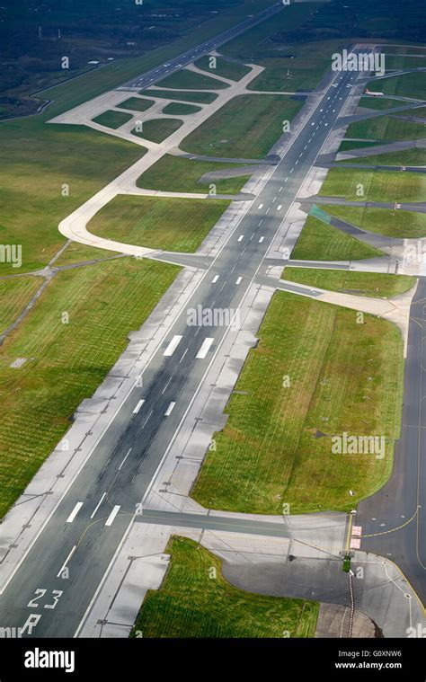 An aerial view of Manchester airport runway, North West England, UK ...