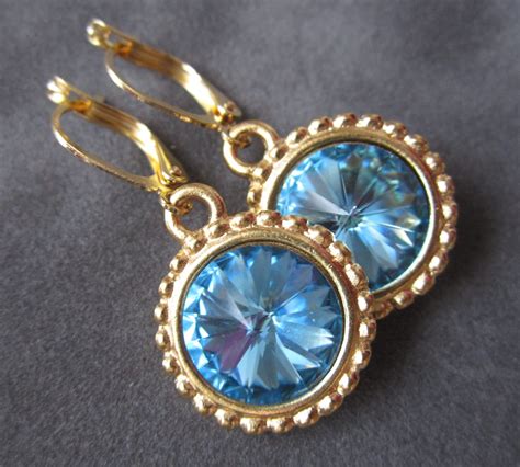 March Birthstone Earrings Swarovski Crystal Jewelry Gold