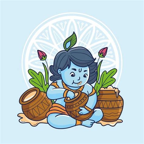 Cartoon Illustration of Baby Krishna Eating Butter