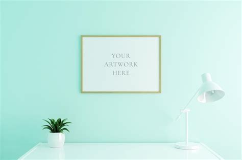Premium PSD | Horizontal wooden poster frame mockup on work table in living room interior on ...