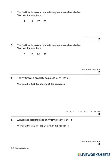 Quadratic Sequences worksheet | Live Worksheets - Worksheets Library