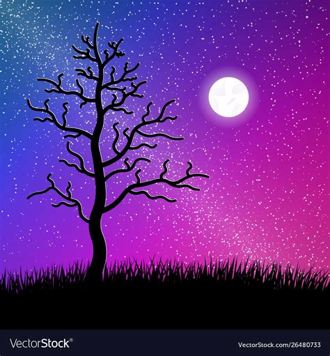 Night starry sky with tree and grass Royalty Free Vector