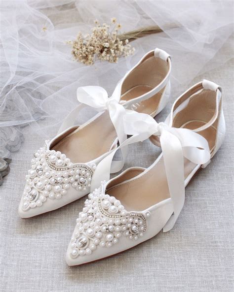 White Satin Pointy Toe Flats With OVERSIZED PEARLS APPLIQUE, Women ...