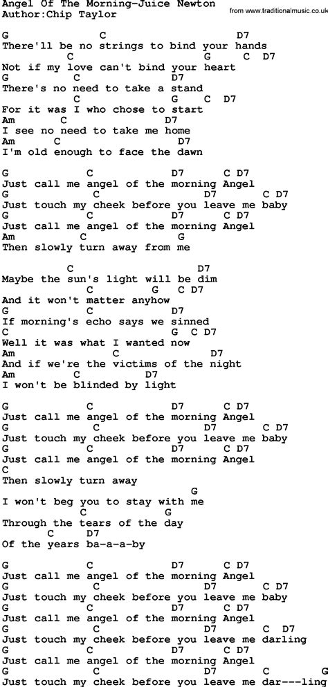 Country Music:Angel Of The Morning-Juice Newton Lyrics and Chords