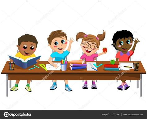 Happy diligent kids children sitting desk school isolated — Stock Vector © canbedone #131772594