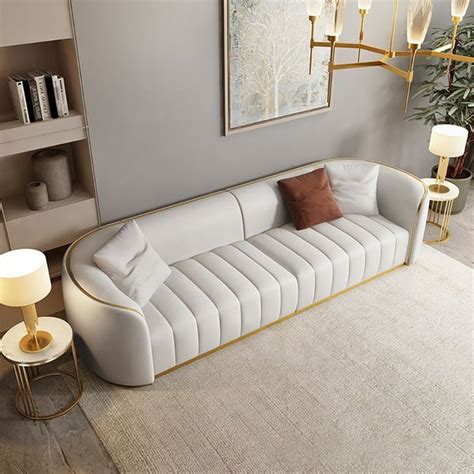 89" Modern Faux Leather Upholstered Sofa 3-Seater Sofa in Gold Legs ...