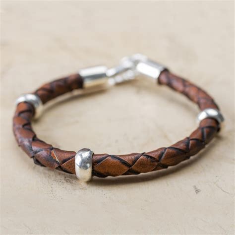 Men's Leather Sterling Silver Braided Bracelet - Chankas Warrior in Light Brown | NOVICA