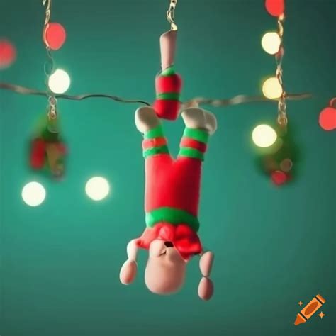 Christmas elf hanging from christmas lights