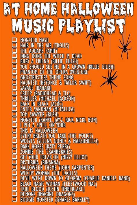 an orange poster with the words at home halloween music playlist written in black on it