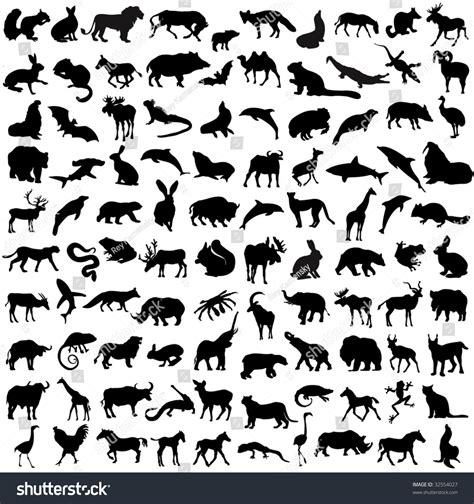 Hundred Silhouettes Wild Animals Birds Reptiles: เวกเตอร์สต็อก (ปลอดค่า ...