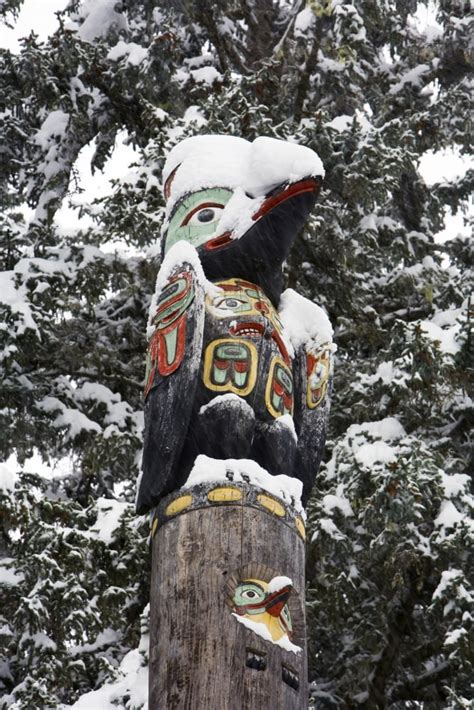 Raven Totemic Figure On Tlingit Totem Pole At Auke Bay Recreation Area Winter In Southeast ...