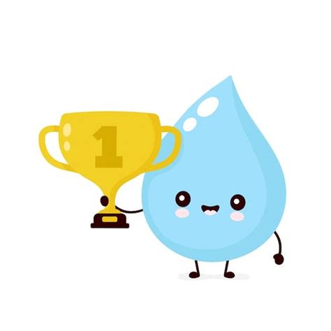 Premium Vector | Cute smiling happy water drop hold gold trophy cup. flat cartoon character ...