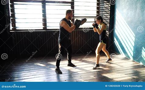 Fit White Female Boxer Training with Boxing Coach at Gym. Stock Footage ...