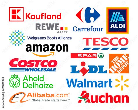 Logos collection of the biggest world retailers, such as: Amazon, Tesco, Alibaba, Lidl, Walmart ...