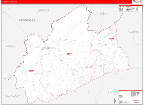 Madison County, NC Zip Code Wall Map Red Line Style by MarketMAPS