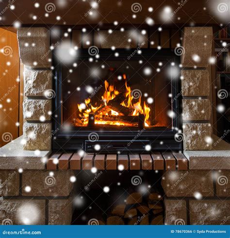 Close Up of Burning Fireplace with Snow Stock Photo - Image of aflame, flame: 78670366