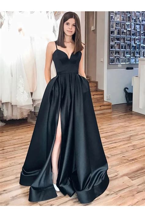 Black Spaghetti Straps Split Long Satin Prom Dress, A Line Simple Long ...