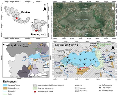 Yuriria reservoir location and sampling sites. Land uses of the area ...