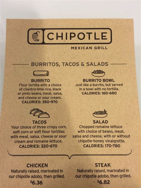 the menu for chipotle mexican grill is shown in brown paper with black ...