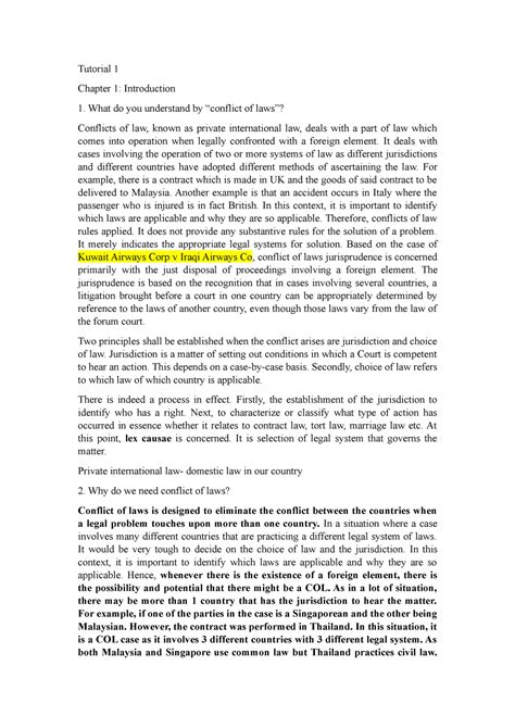 conflict of law tutorial 1 conflict of laws tutorial 1 - Tutorial 1 Chapter 1: Introduction What ...