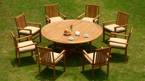 Teak Dining Set:8 Seater 9 Pc -72" Round Table And 8 Cahyo Stacking Arm Chairs Outdoor Patio ...