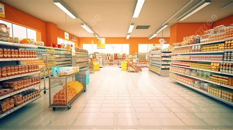 The Aisles Of An Orange Grocery Store Filled With Groceries Background, 3d Illustration Of A ...